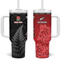New Zealand And England Rugby Custom Tumbler With Handle Red Rose Mix Maori Pattern LT05 One Size: 40 oz Black - Polynesian Pride
