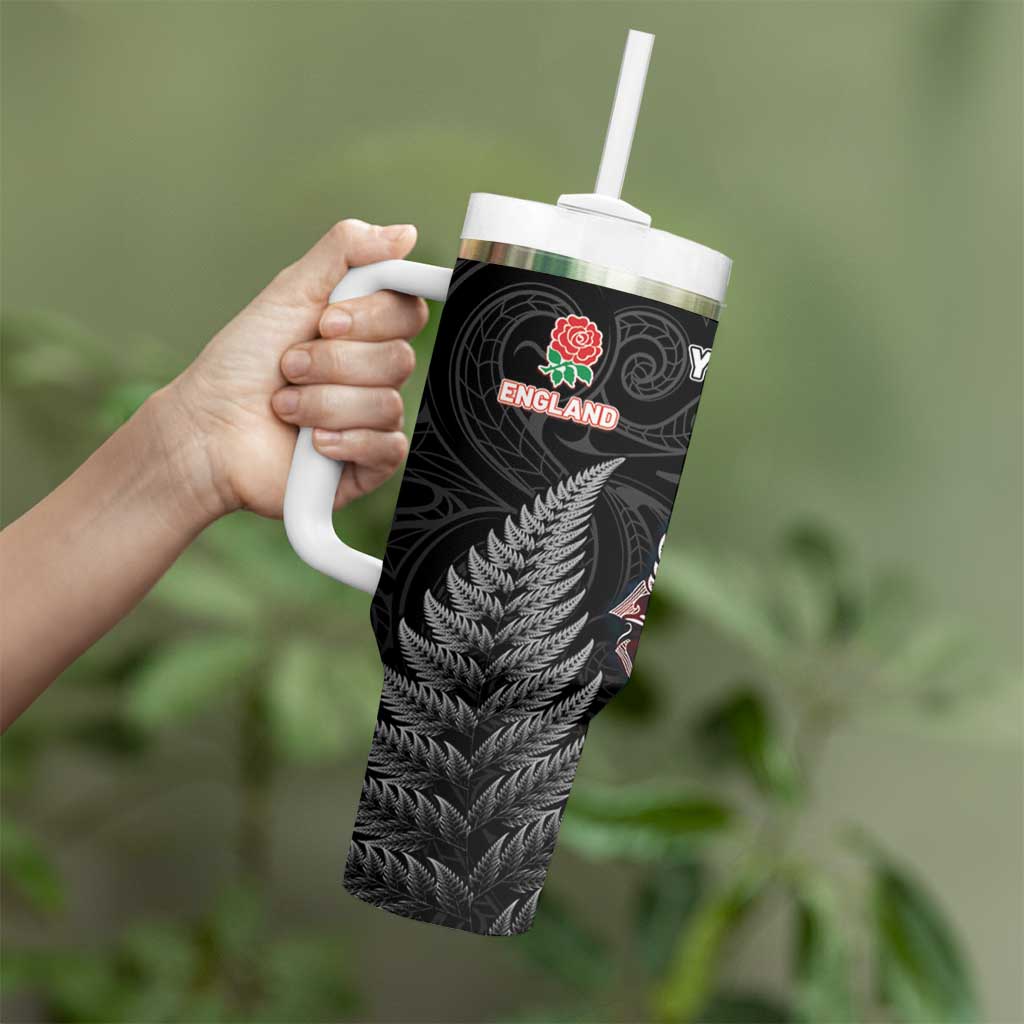 New Zealand And England Rugby Custom Tumbler With Handle Red Rose Mix Maori Pattern LT05 - Polynesian Pride
