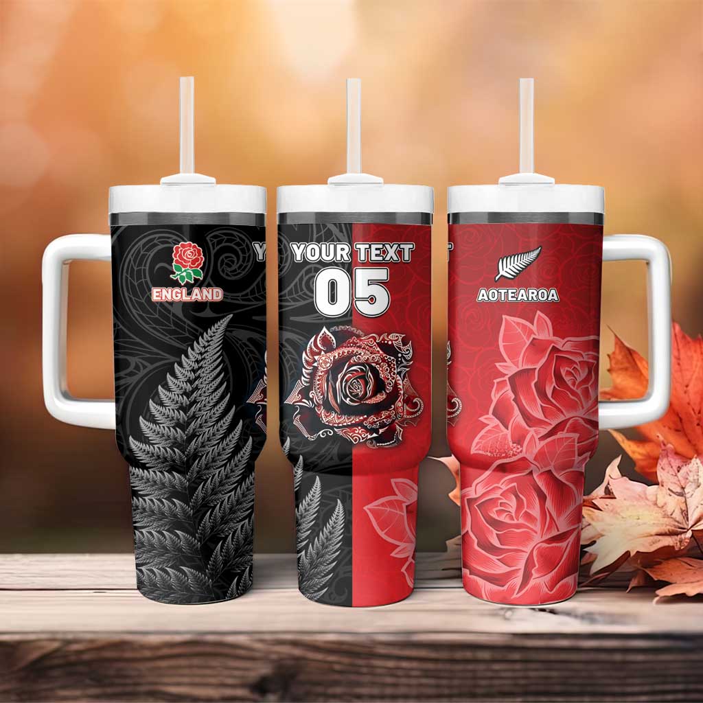 New Zealand And England Rugby Custom Tumbler With Handle Red Rose Mix Maori Pattern LT05 - Polynesian Pride