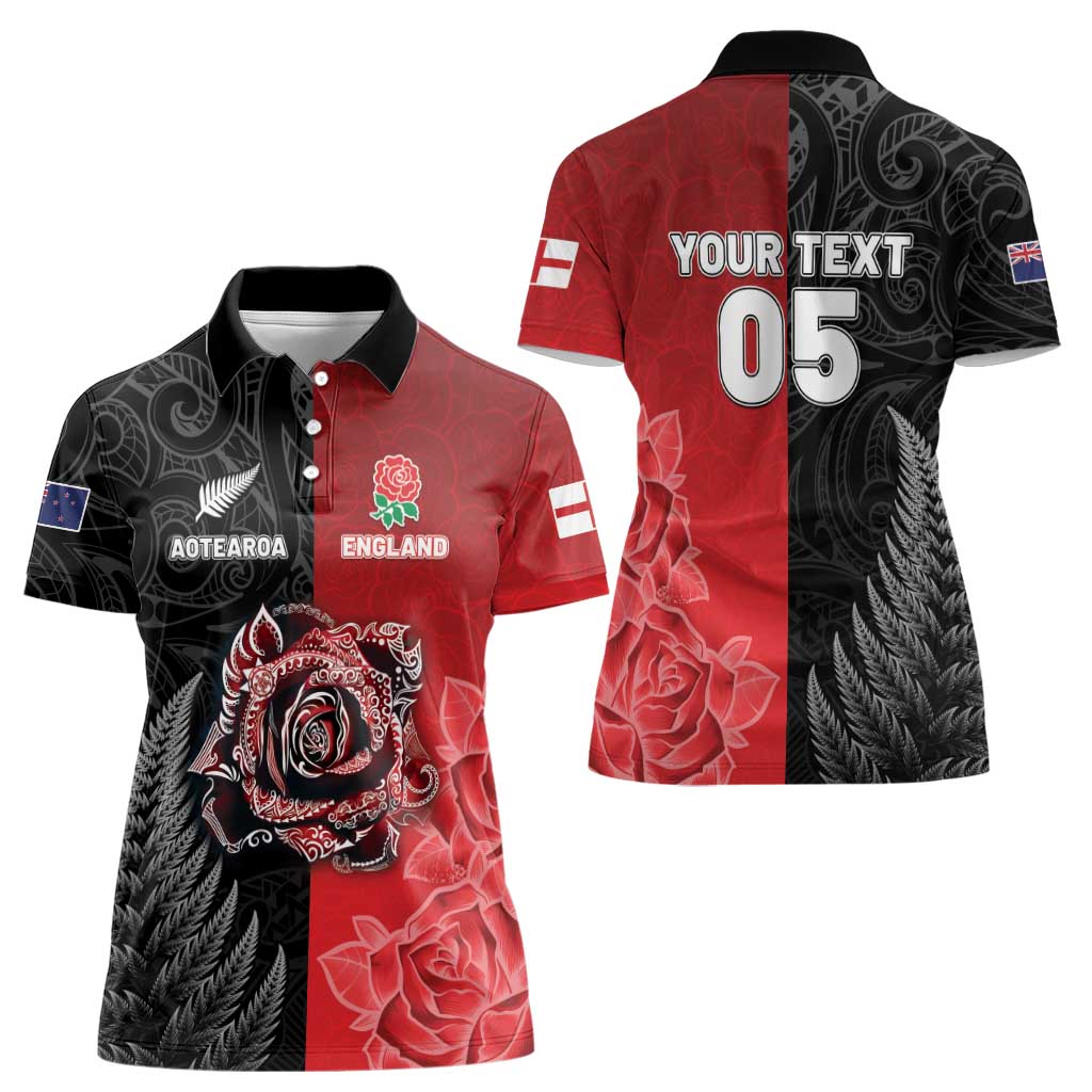 New Zealand And England Rugby Custom Women Polo Shirt Red Rose Mix Maori Pattern - Polynesian Pride