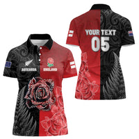 New Zealand And England Rugby Custom Women Polo Shirt Red Rose Mix Maori Pattern - Polynesian Pride