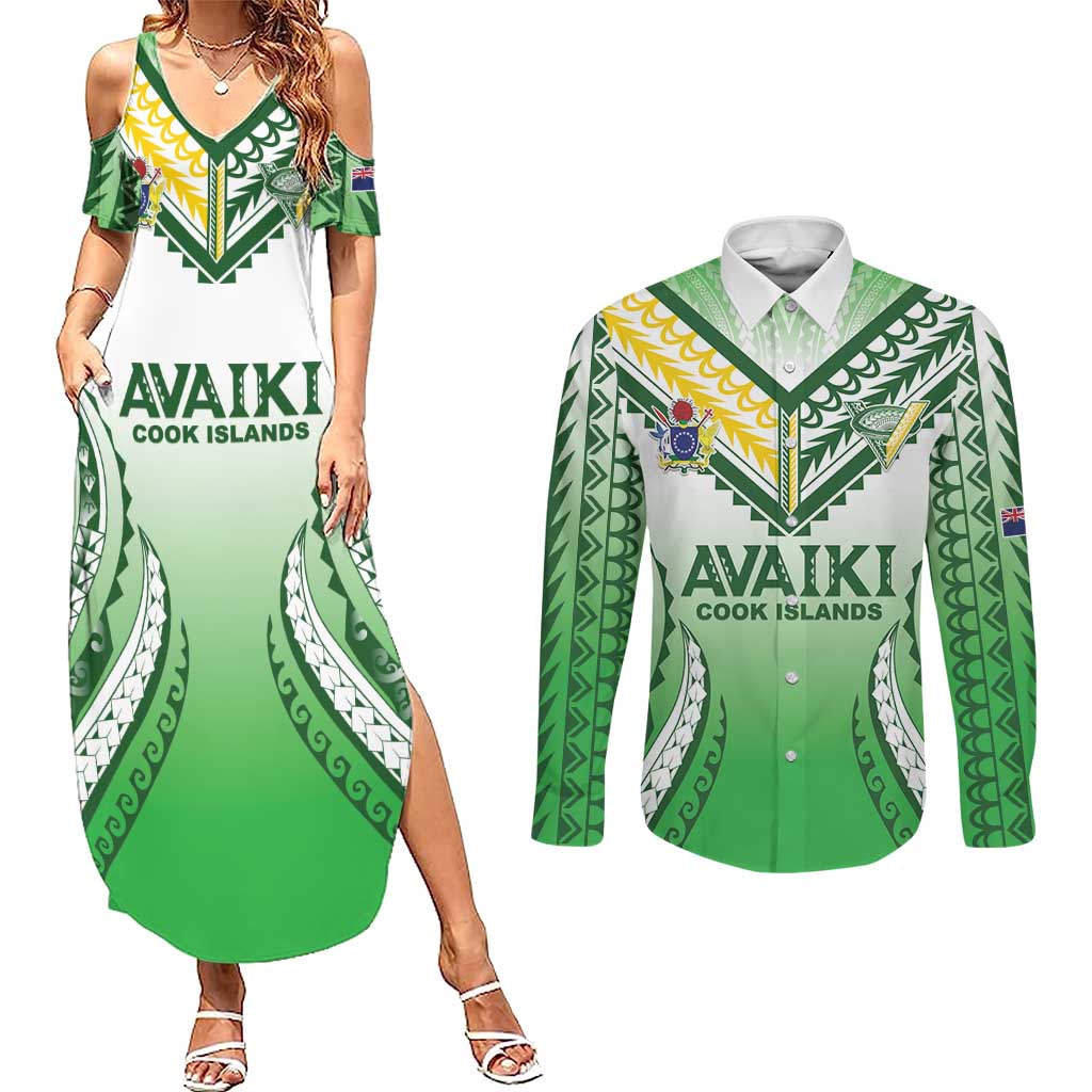 Custom Cook Islands Avaiki Rugby Couples Matching Summer Maxi Dress and Long Sleeve Button Shirt Go Champions - Polynesian Pride