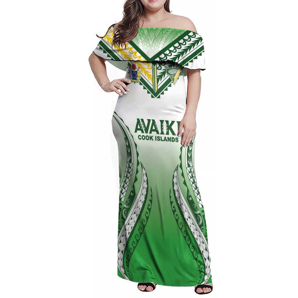 Custom Cook Islands Avaiki Rugby Family Matching Off Shoulder Maxi Dress and Hawaiian Shirt Go Champions LT05 Mom's Dress Green - Polynesian Pride