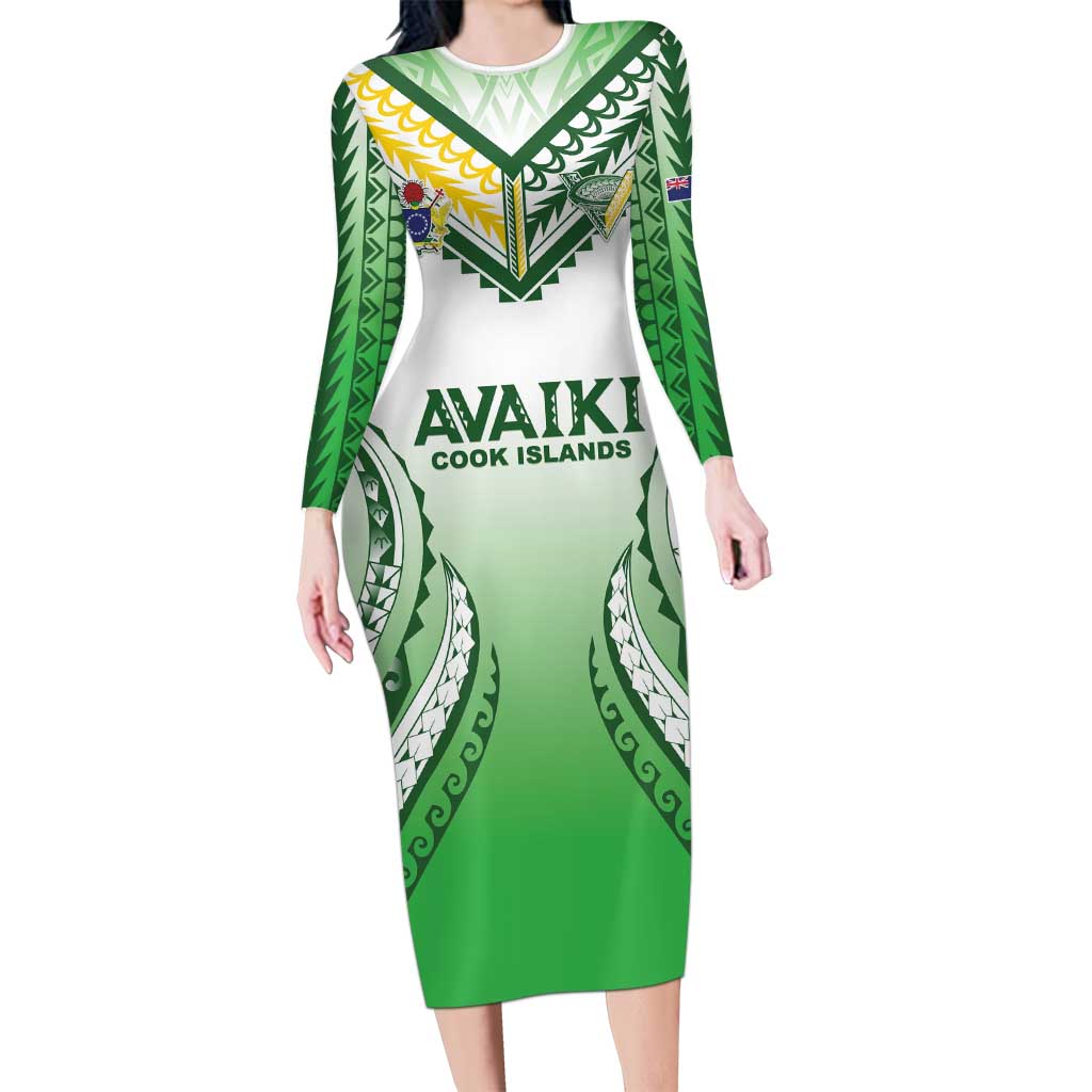 Custom Cook Islands Avaiki Rugby Long Sleeve Bodycon Dress Go Champions LT05 Long Dress Green - Polynesian Pride