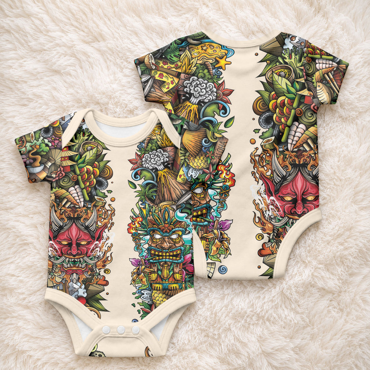 Hawaii And Japan Baby Onesie Tiki With Oni Mask LT05 - Polynesian Pride