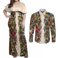 Hawaii And Japan Couples Matching Off Shoulder Maxi Dress and Long Sleeve Button Shirt Tiki With Oni Mask LT05 Colorful - Polynesian Pride
