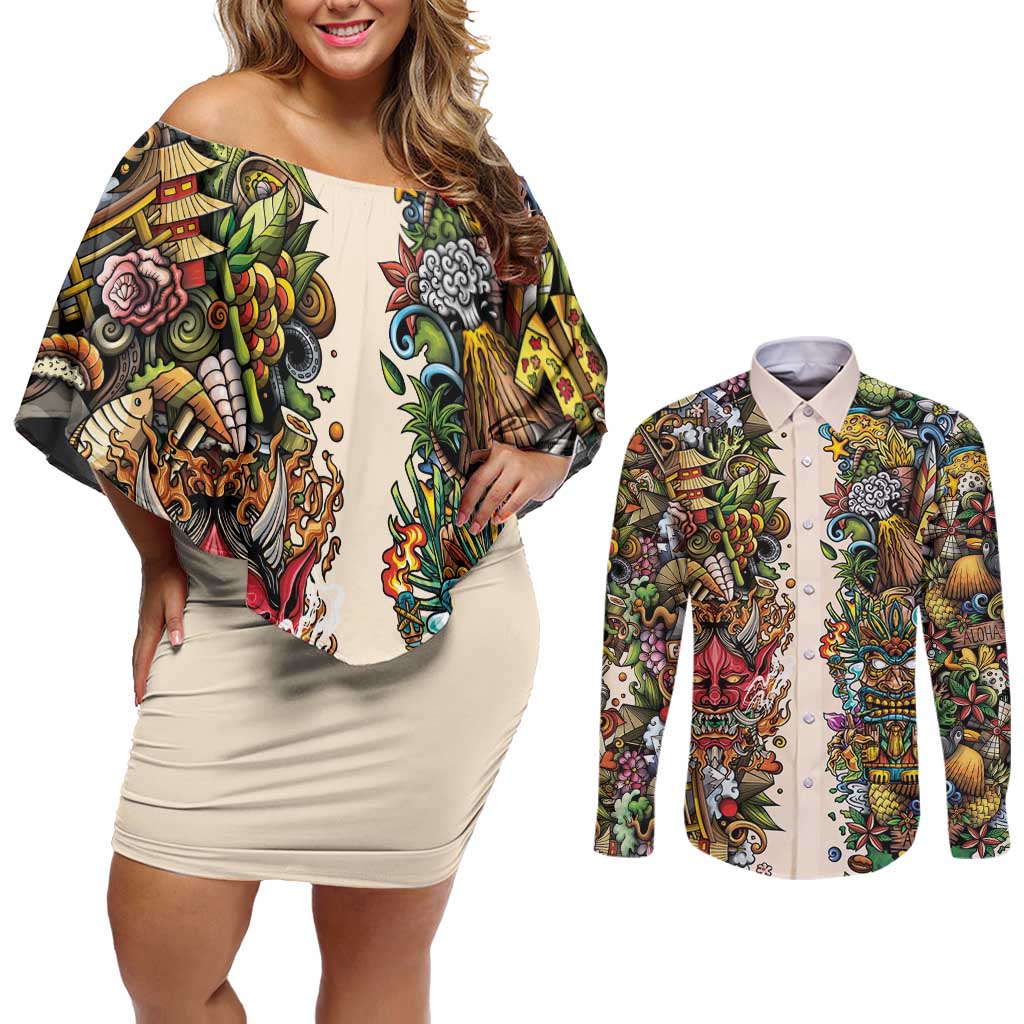 Hawaii And Japan Couples Matching Off Shoulder Short Dress and Long Sleeve Button Shirt Tiki With Oni Mask LT05 Colorful - Polynesian Pride
