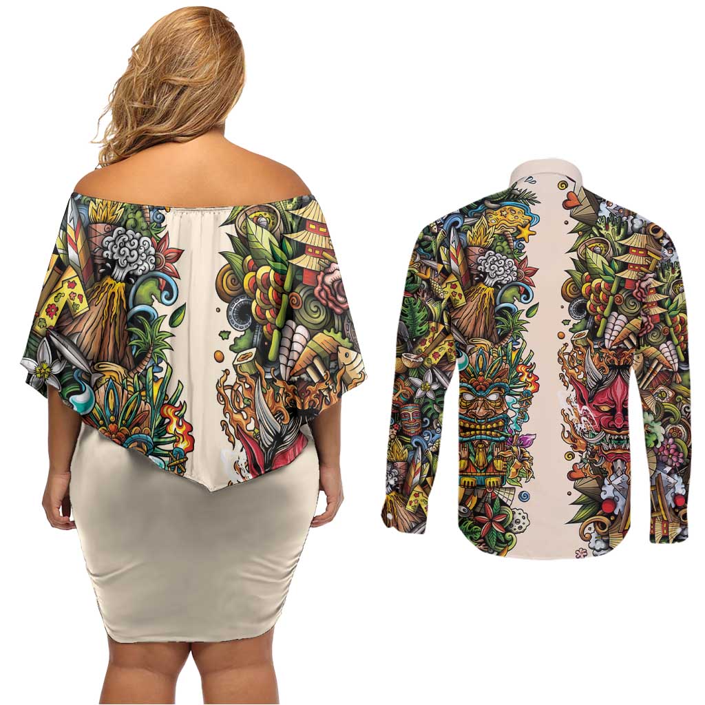 Hawaii And Japan Couples Matching Off Shoulder Short Dress and Long Sleeve Button Shirt Tiki With Oni Mask LT05 - Polynesian Pride