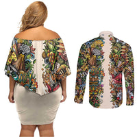 Hawaii And Japan Couples Matching Off Shoulder Short Dress and Long Sleeve Button Shirt Tiki With Oni Mask LT05 - Polynesian Pride