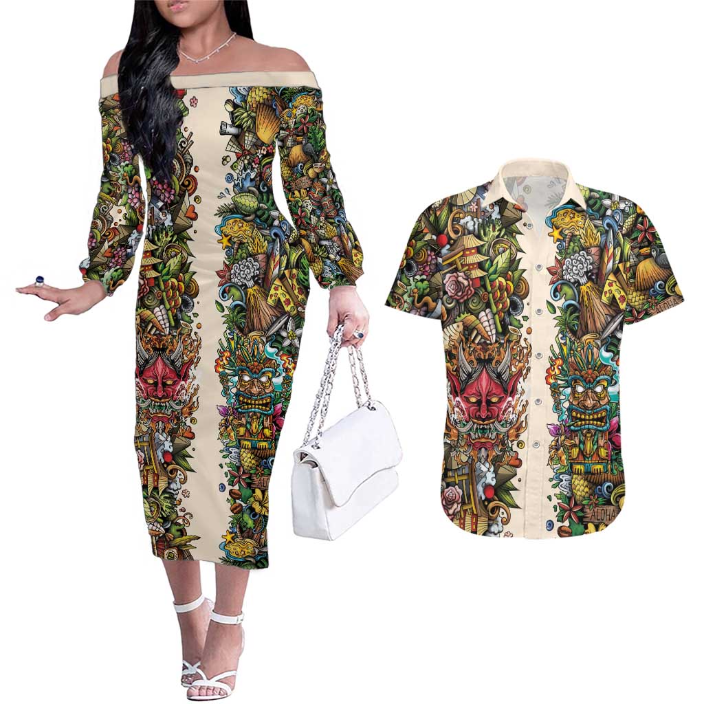 Hawaii And Japan Couples Matching Off The Shoulder Long Sleeve Dress and Hawaiian Shirt Tiki With Oni Mask - Polynesian Pride