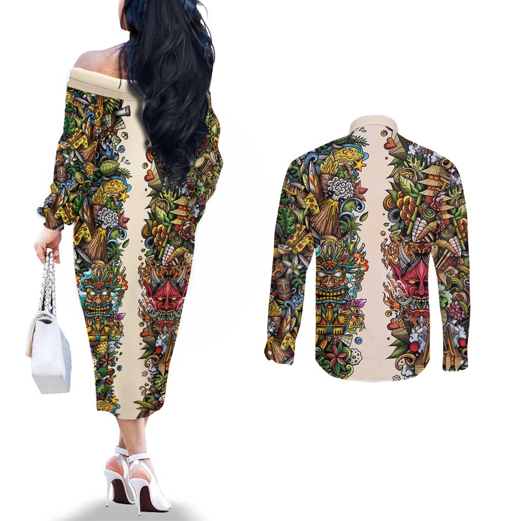 Hawaii And Japan Couples Matching Off The Shoulder Long Sleeve Dress and Long Sleeve Button Shirt Tiki With Oni Mask - Polynesian Pride