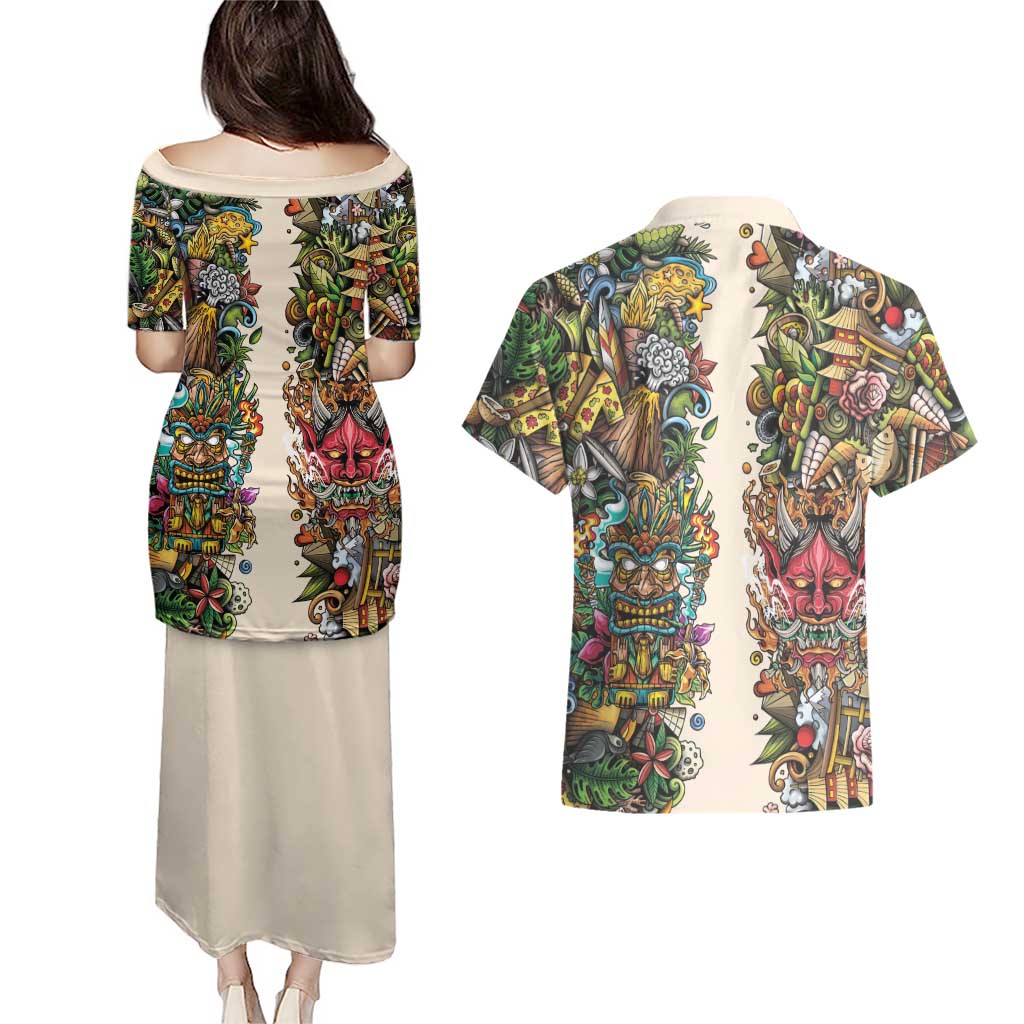 Hawaii And Japan Couples Matching Puletasi and Hawaiian Shirt Tiki With Oni Mask - Polynesian Pride
