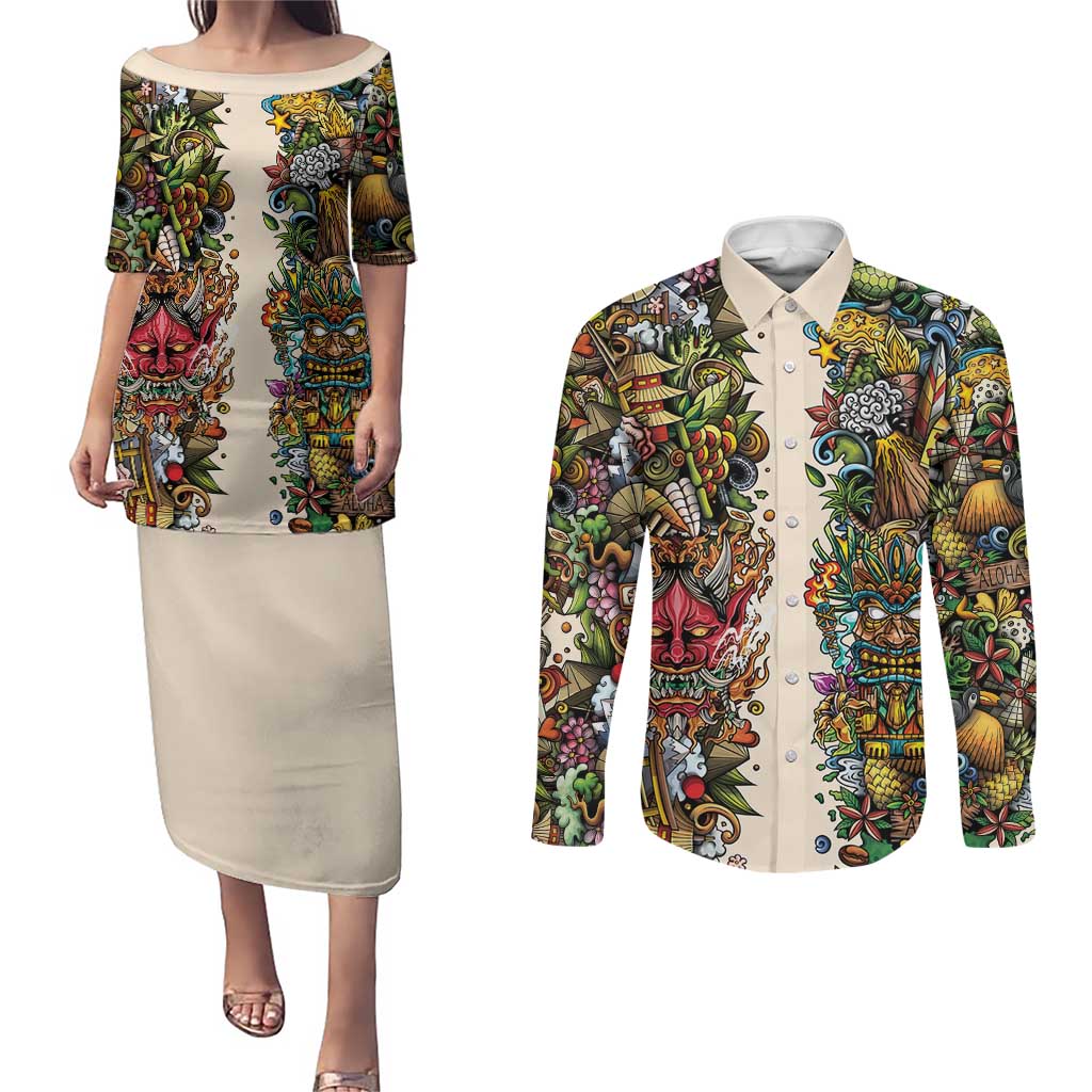 Hawaii And Japan Couples Matching Puletasi and Long Sleeve Button Shirt Tiki With Oni Mask - Polynesian Pride