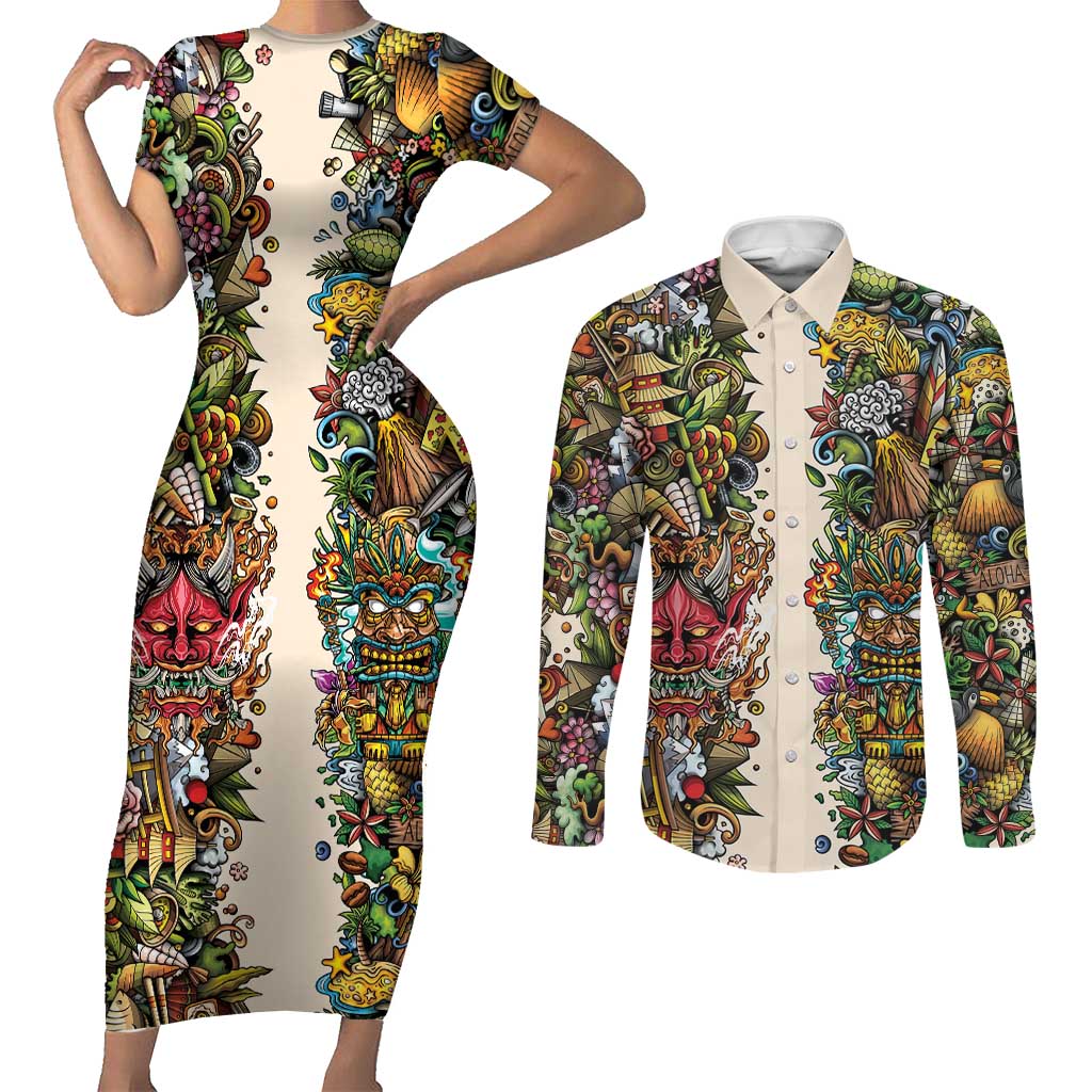 Hawaii And Japan Couples Matching Short Sleeve Bodycon Dress and Long Sleeve Button Shirt Tiki With Oni Mask - Polynesian Pride
