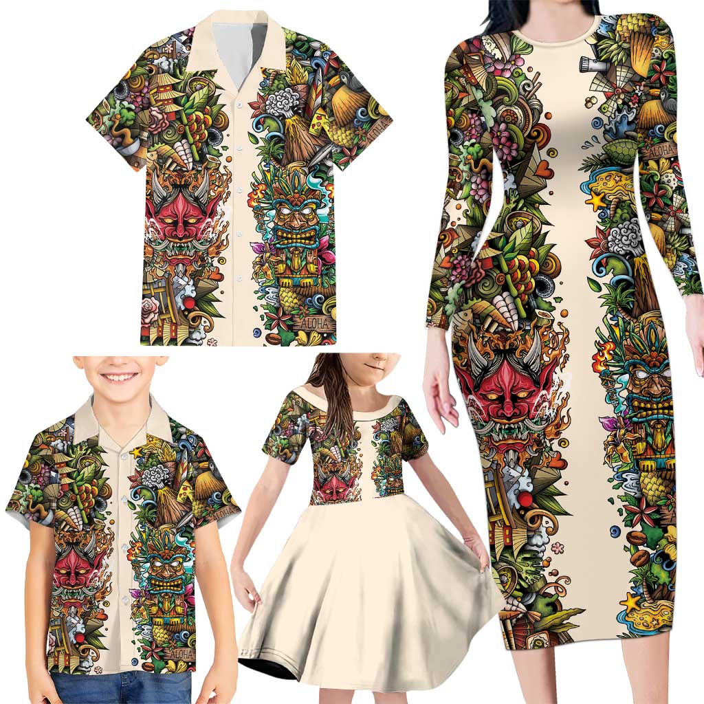 Hawaii And Japan Family Matching Long Sleeve Bodycon Dress and Hawaiian Shirt Tiki With Oni Mask LT05 - Polynesian Pride