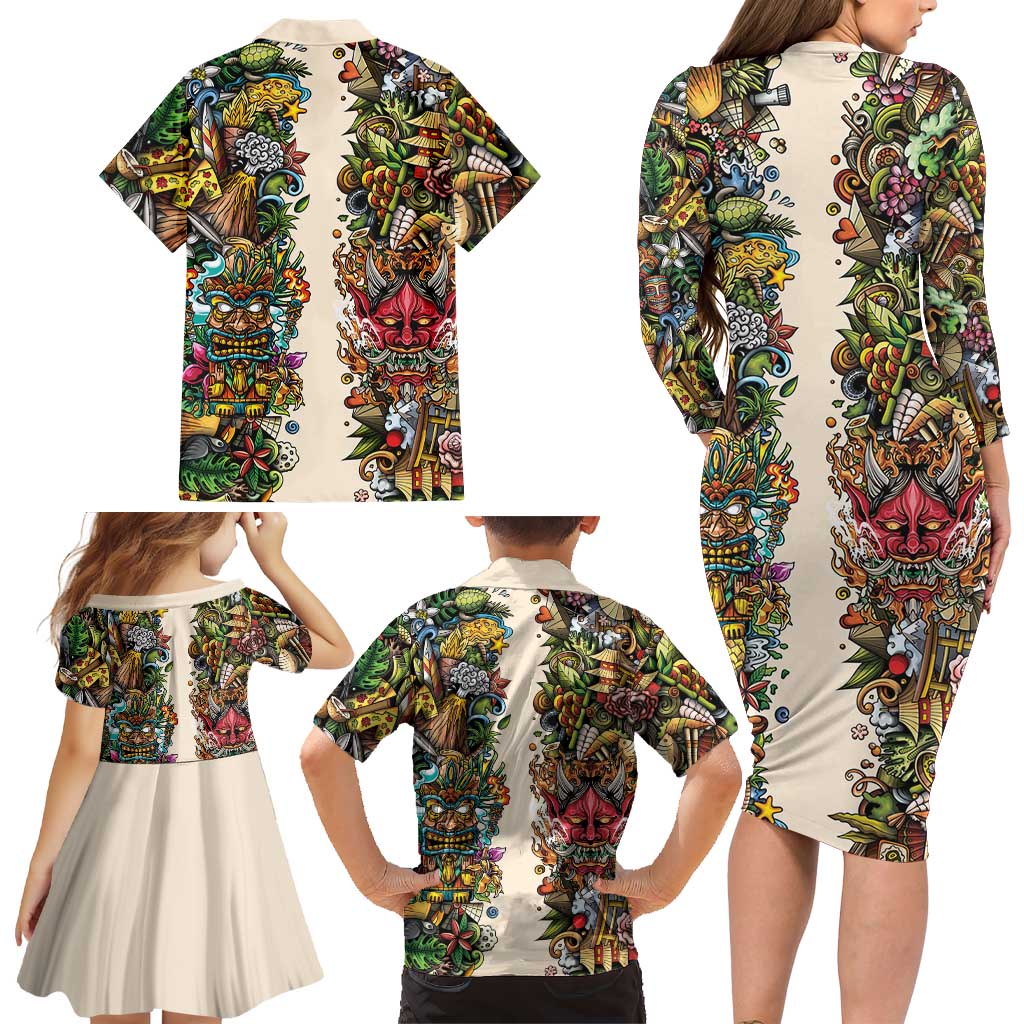 Hawaii And Japan Family Matching Long Sleeve Bodycon Dress and Hawaiian Shirt Tiki With Oni Mask LT05 - Polynesian Pride