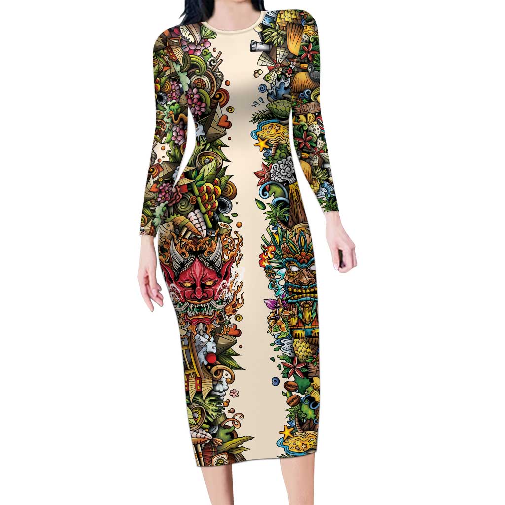Hawaii And Japan Family Matching Long Sleeve Bodycon Dress and Hawaiian Shirt Tiki With Oni Mask LT05 Mom's Dress Colorful - Polynesian Pride