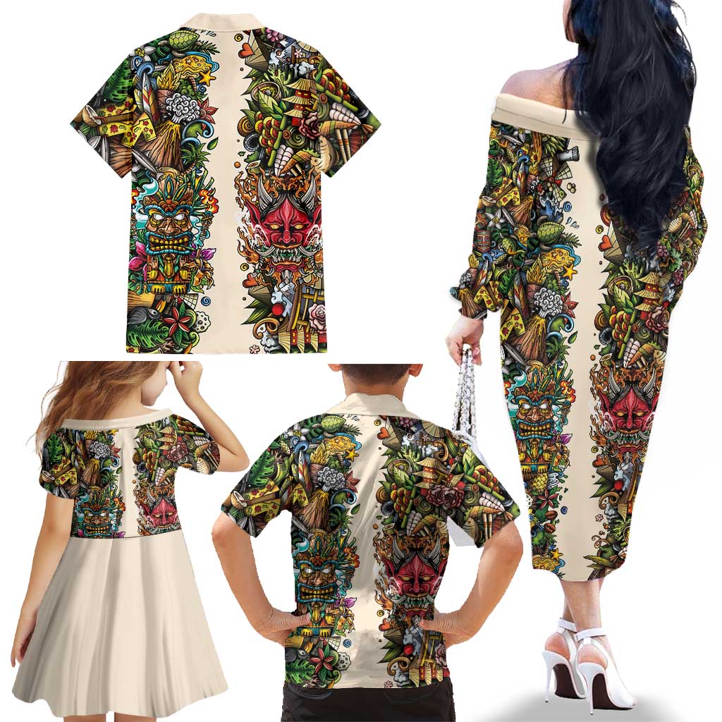 Hawaii And Japan Family Matching Off The Shoulder Long Sleeve Dress and Hawaiian Shirt Tiki With Oni Mask LT05 - Polynesian Pride