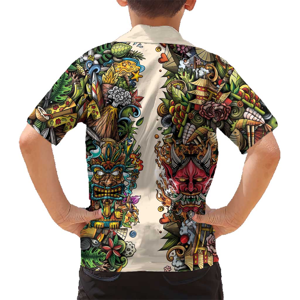 Hawaii And Japan Family Matching Off Shoulder Maxi Dress and Hawaiian Shirt Tiki With Oni Mask LT05 - Polynesian Pride