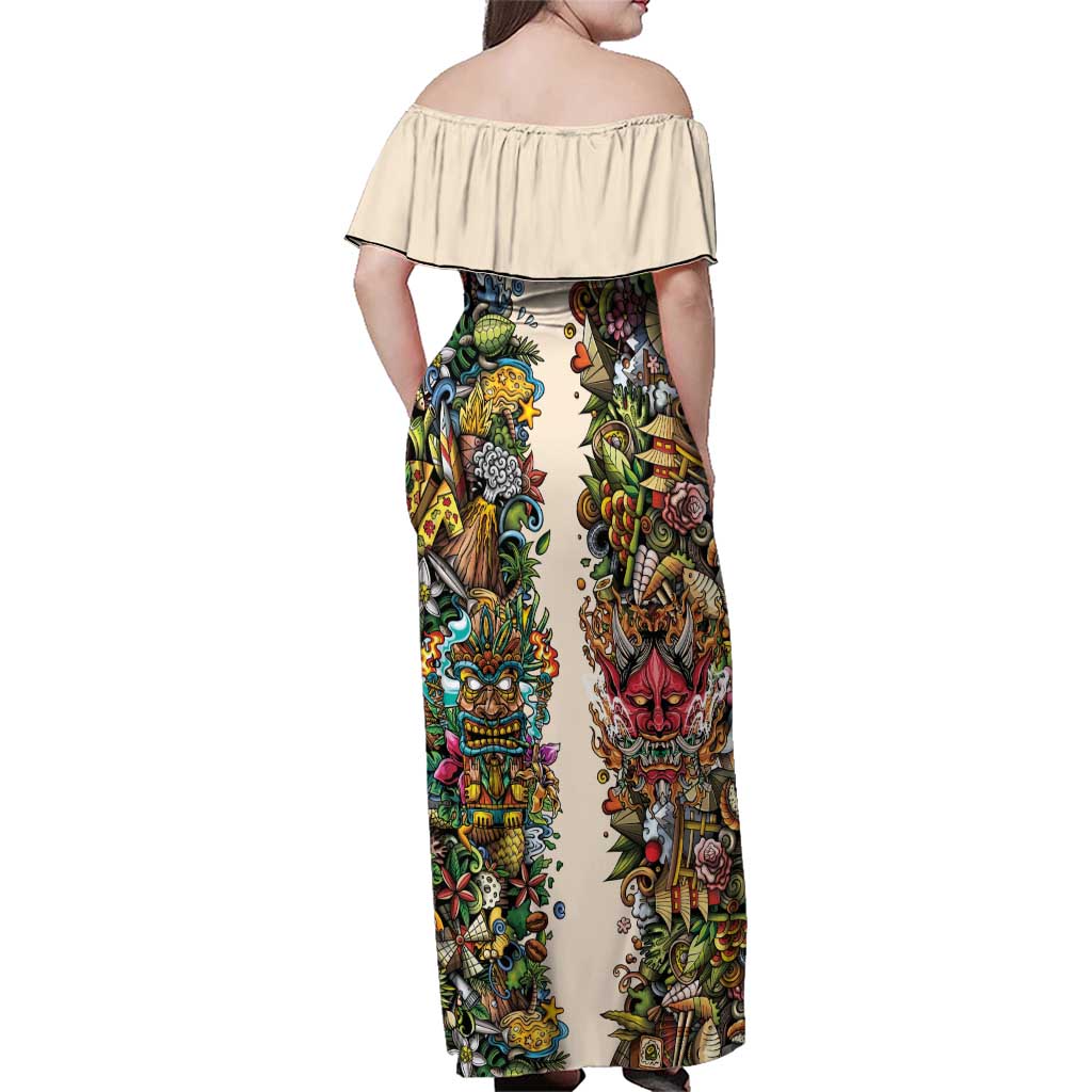 Hawaii And Japan Family Matching Off Shoulder Maxi Dress and Hawaiian Shirt Tiki With Oni Mask LT05 - Polynesian Pride