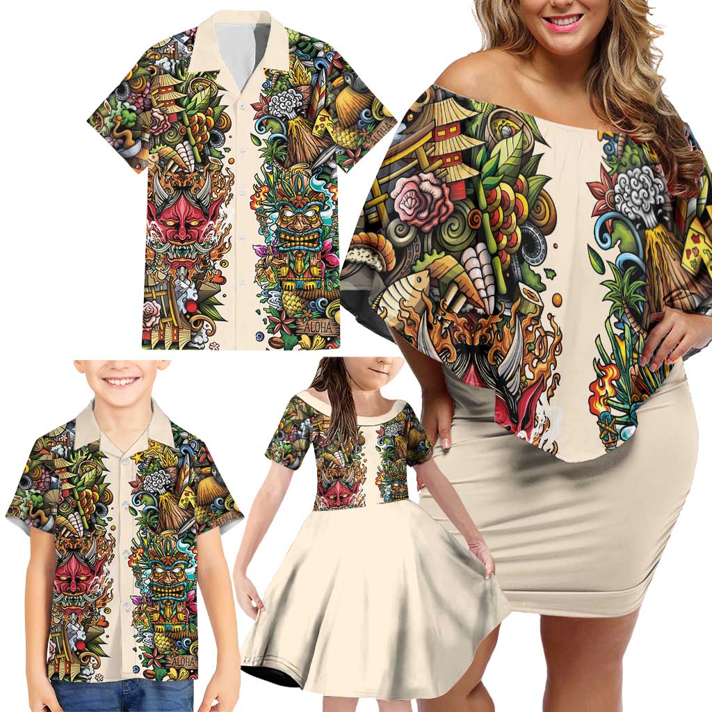 Hawaii And Japan Family Matching Off Shoulder Short Dress and Hawaiian Shirt Tiki With Oni Mask - Polynesian Pride