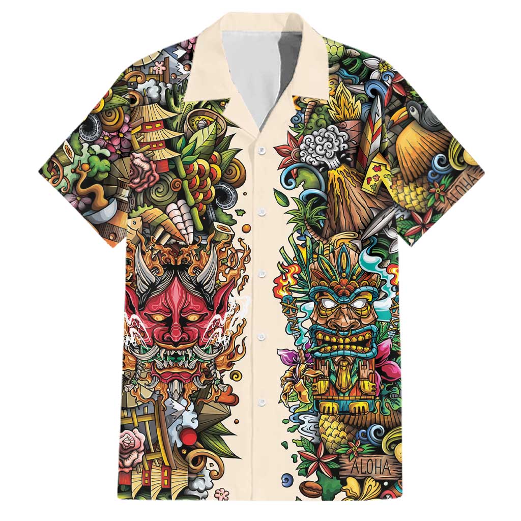 Hawaii And Japan Family Matching Off Shoulder Short Dress and Hawaiian Shirt Tiki With Oni Mask LT05 Dad's Shirt - Short Sleeve Colorful - Polynesian Pride