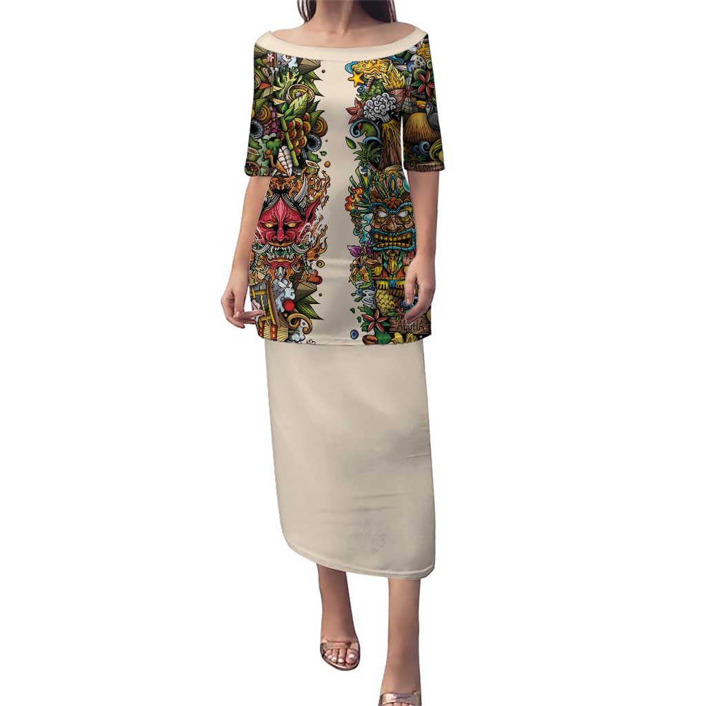 Hawaii And Japan Family Matching Puletasi and Hawaiian Shirt Tiki With Oni Mask - Polynesian Pride