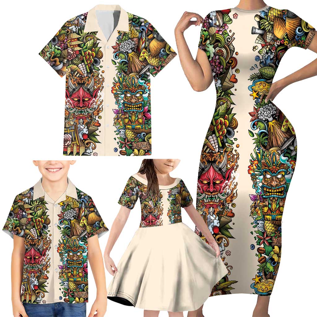 Hawaii And Japan Family Matching Short Sleeve Bodycon Dress and Hawaiian Shirt Tiki With Oni Mask - Polynesian Pride
