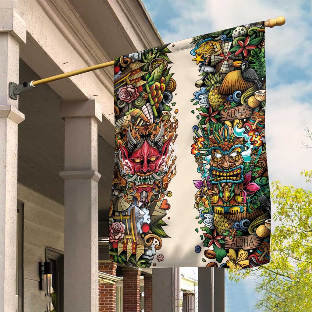 Hawaii And Japan Garden Flag Tiki With Oni Mask - Polynesian Pride