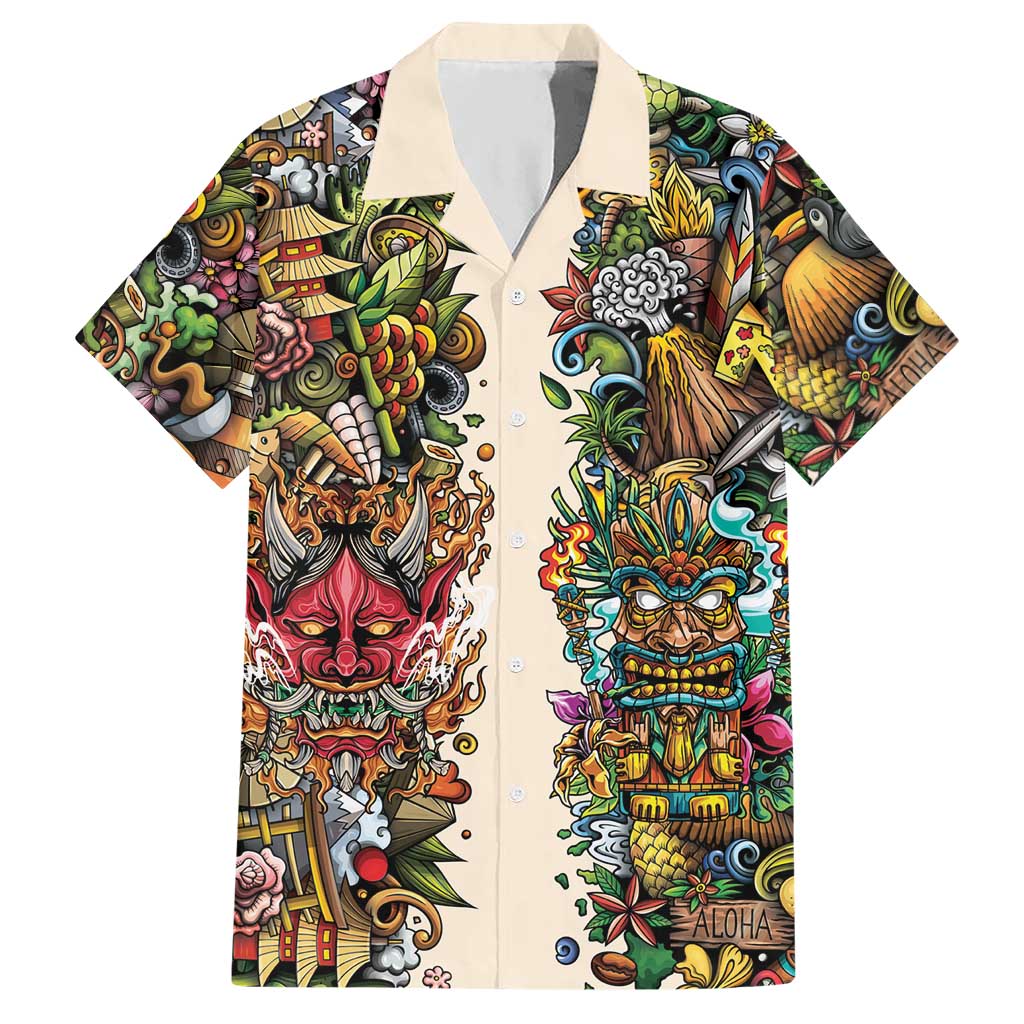 Hawaii And Japan Hawaiian Shirt Tiki With Oni Mask - Polynesian Pride