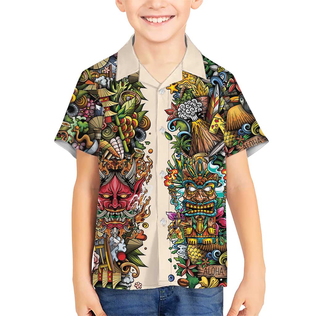 Hawaii And Japan Kid Hawaiian Shirt Tiki With Oni Mask - Polynesian Pride