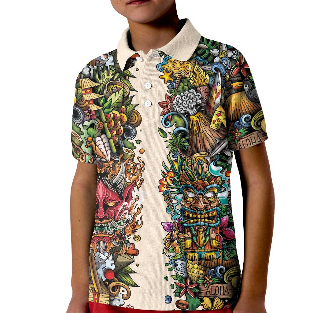 Hawaii And Japan Kid Polo Shirt Tiki With Oni Mask - Polynesian Pride