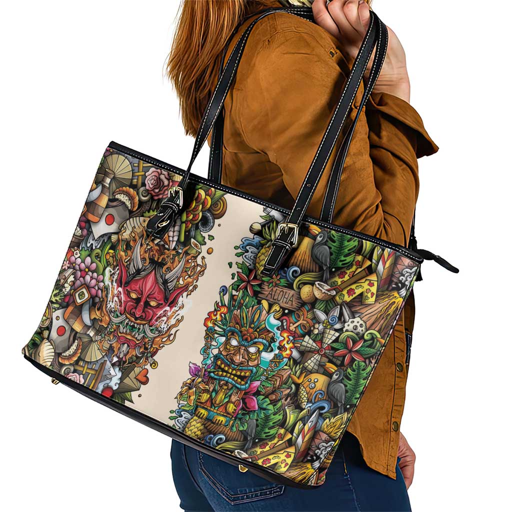 Hawaii And Japan Leather Tote Bag Tiki With Oni Mask - Polynesian Pride