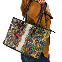 Hawaii And Japan Leather Tote Bag Tiki With Oni Mask - Polynesian Pride