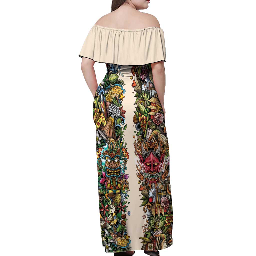 Hawaii And Japan Off Shoulder Maxi Dress Tiki With Oni Mask - Polynesian Pride