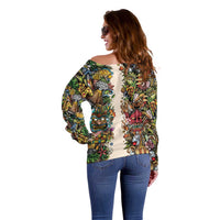 Hawaii And Japan Off Shoulder Sweater Tiki With Oni Mask - Polynesian Pride