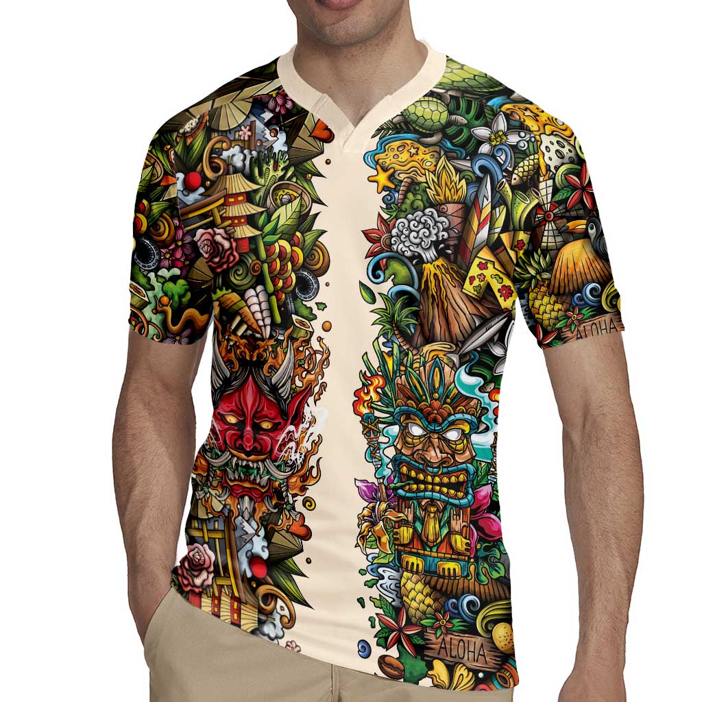 Hawaii And Japan Rugby Jersey Tiki With Oni Mask - Polynesian Pride