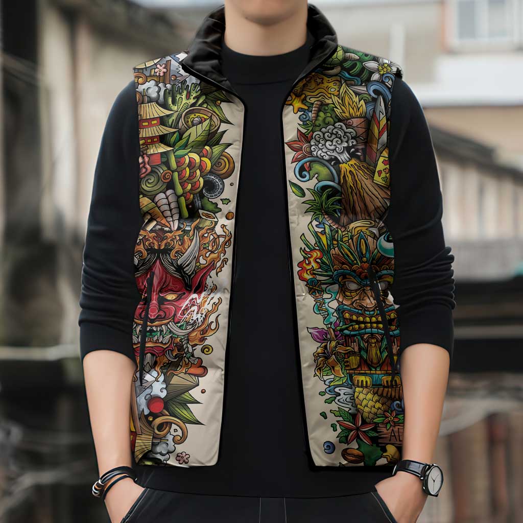 Hawaii And Japan Sleeveless Puffer Jacket Tiki With Oni Mask - Polynesian Pride