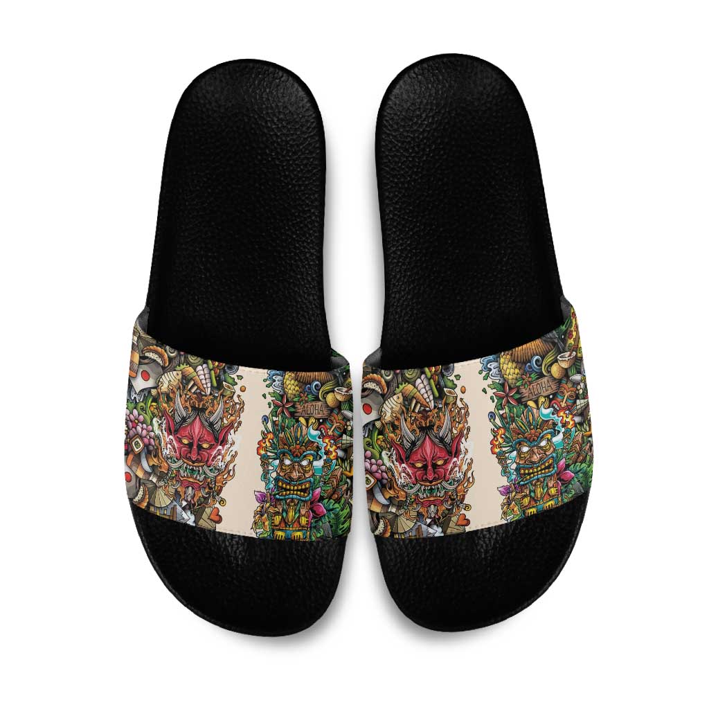 Hawaii And Japan Slide Sandals Tiki With Oni Mask - Polynesian Pride