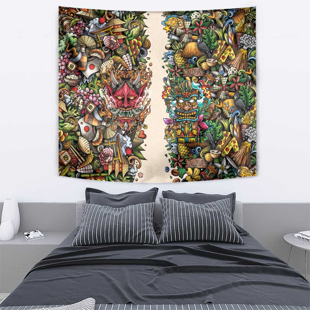 Hawaii And Japan Tapestry Tiki With Oni Mask - Polynesian Pride
