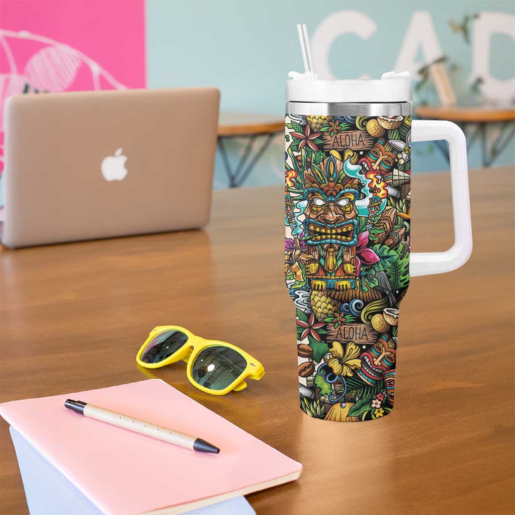 Hawaii And Japan Tumbler With Handle Tiki With Oni Mask - Polynesian Pride