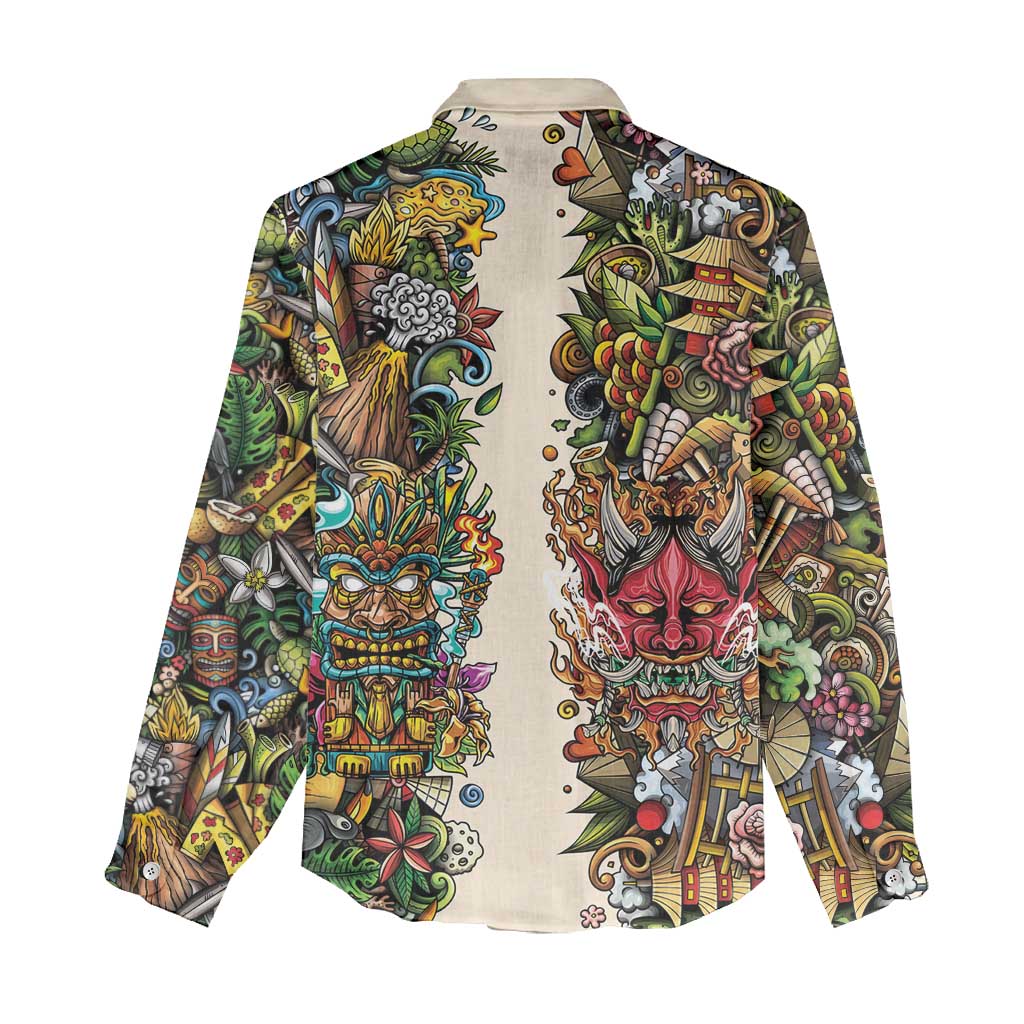 Hawaii And Japan Women Casual Shirt Tiki With Oni Mask - Polynesian Pride