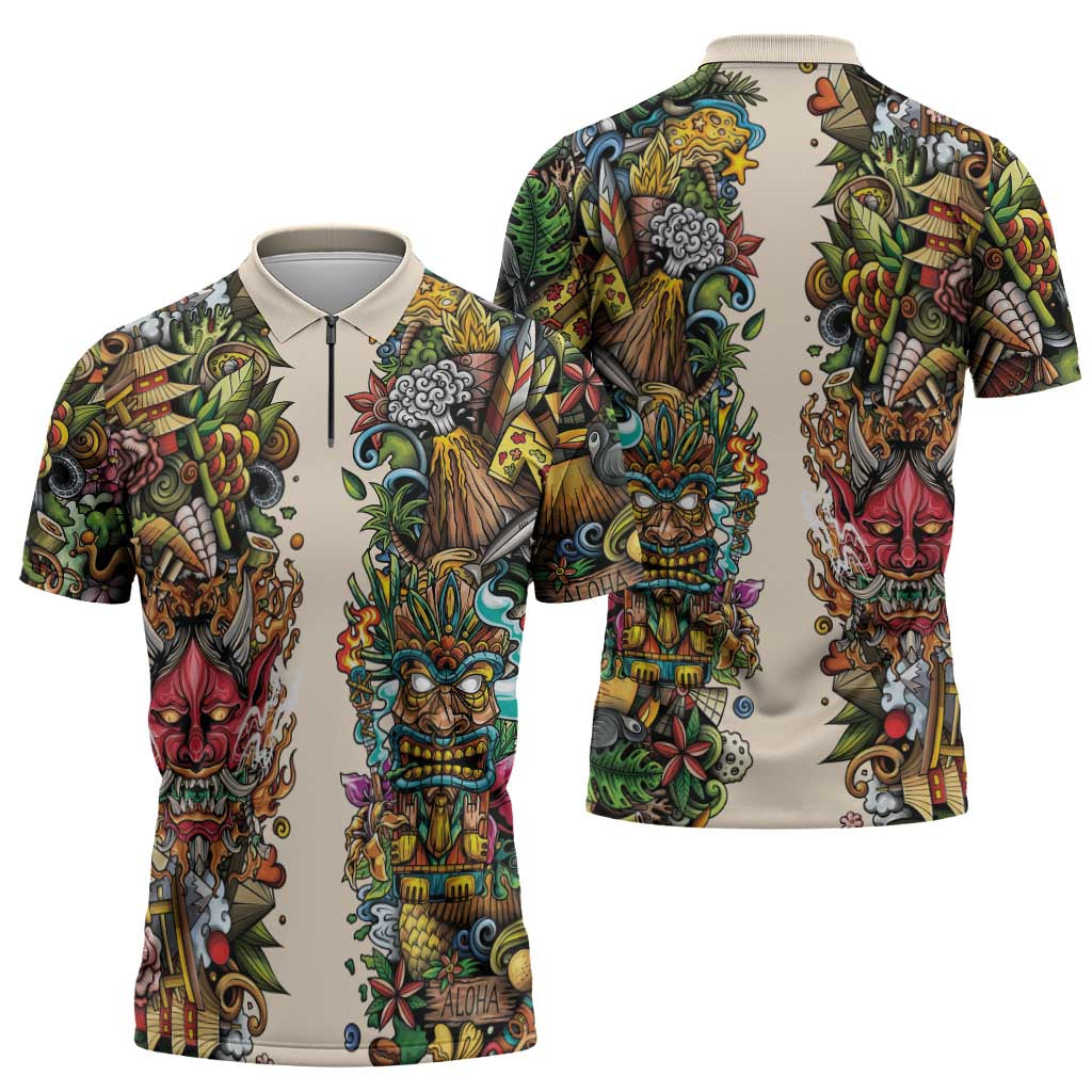 Hawaii And Japan Zipper Polo Shirt Tiki With Oni Mask - Polynesian Pride
