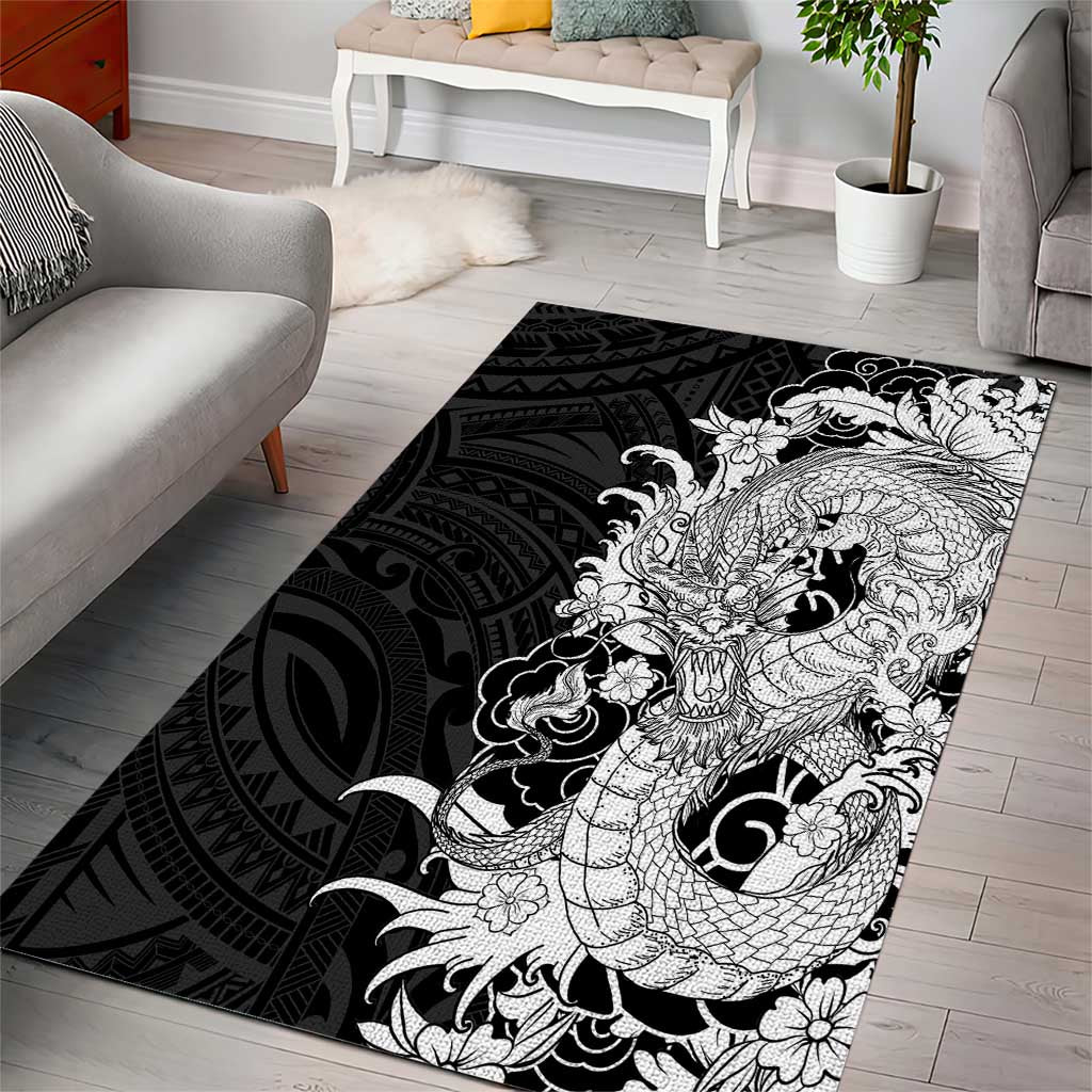 Hawaiian And Japanese Culture Area Rug Irezumi Dragon With Polynesian Pattern Black LT05 - Polynesian Pride