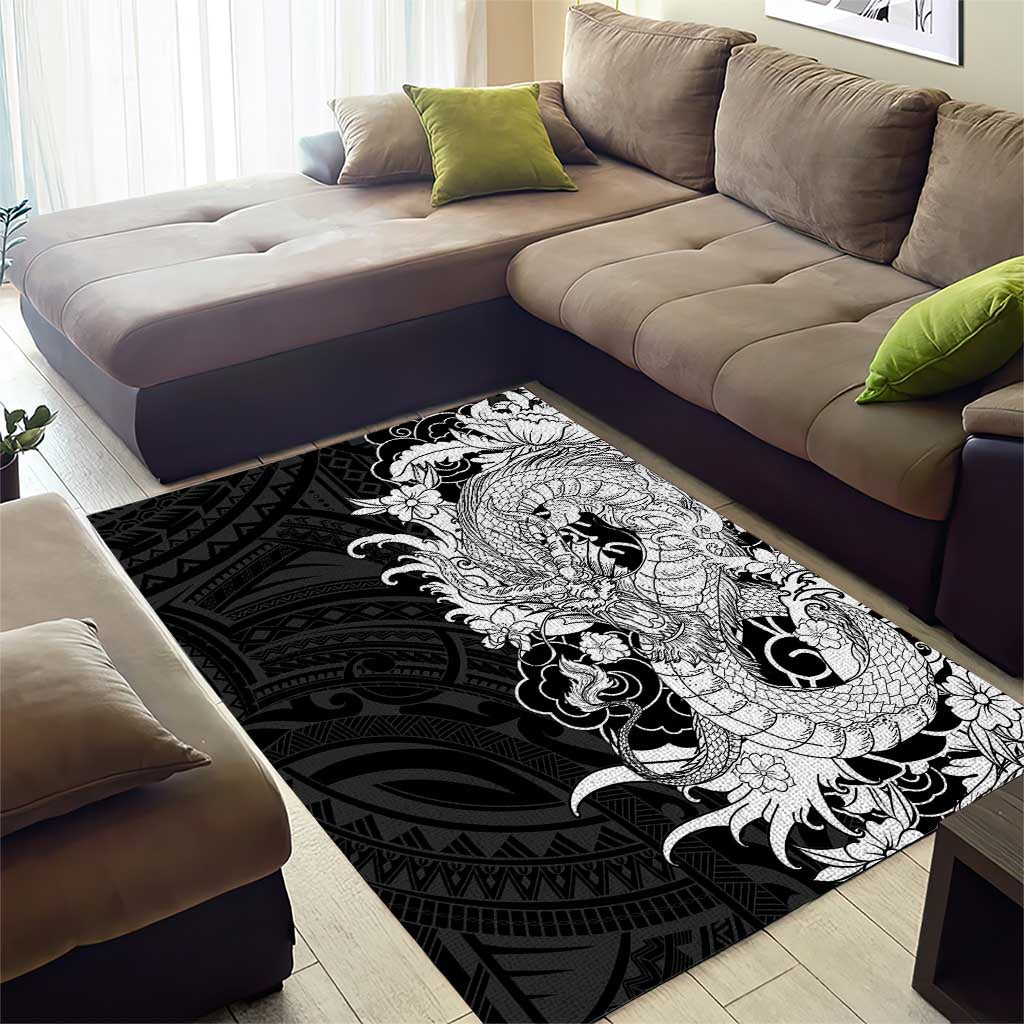 Hawaiian And Japanese Culture Area Rug Irezumi Dragon With Polynesian Pattern Black LT05 - Polynesian Pride