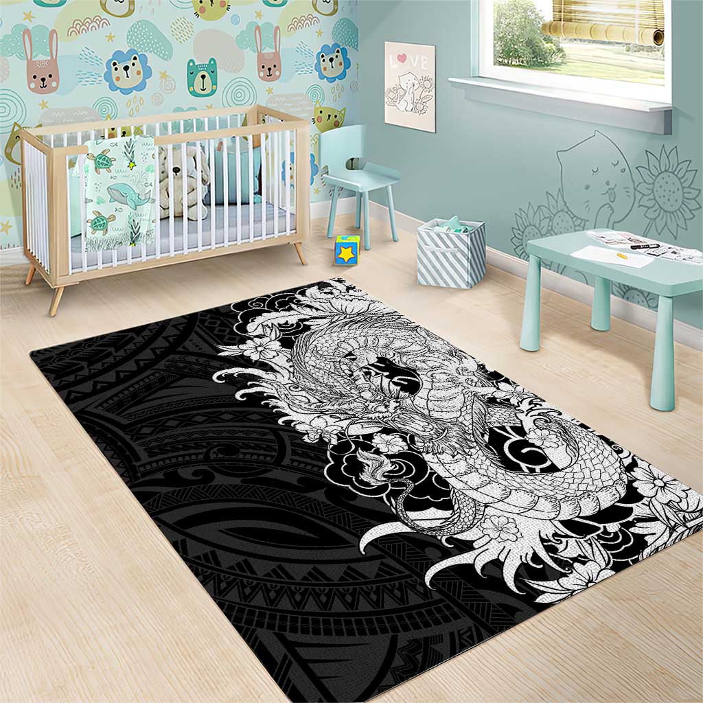 Hawaiian And Japanese Culture Area Rug Irezumi Dragon With Polynesian Pattern Black LT05 - Polynesian Pride