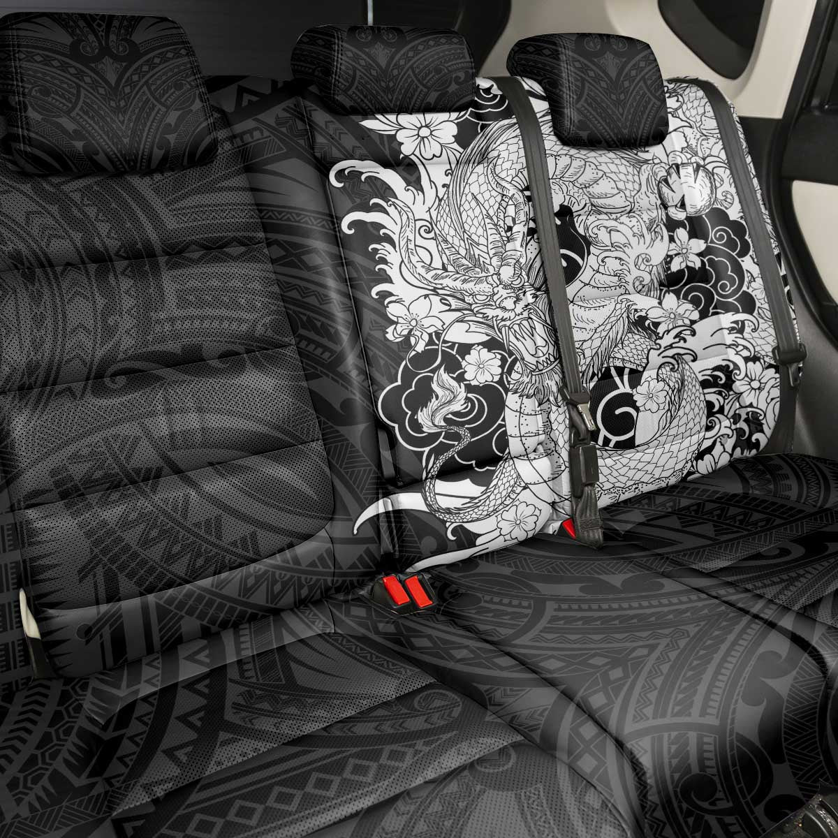 Hawaiian And Japanese Culture Back Car Seat Cover Irezumi Dragon With Polynesian Pattern Black - Polynesian Pride
