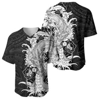 Hawaiian And Japanese Culture Baseball Jersey Irezumi Dragon With Polynesian Pattern Black - Polynesian Pride