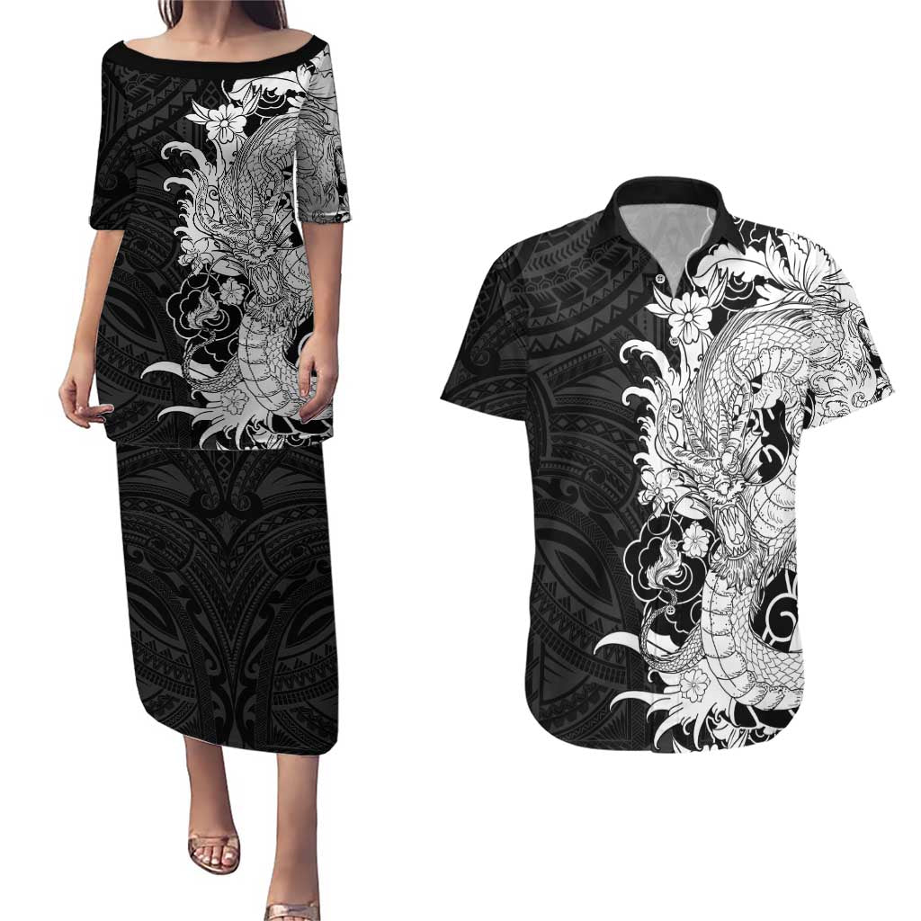Hawaiian And Japanese Culture Couples Matching Puletasi and Hawaiian Shirt Irezumi Dragon With Polynesian Pattern Black - Polynesian Pride