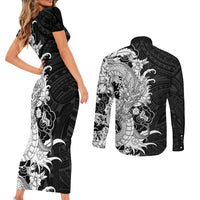 Hawaiian And Japanese Culture Couples Matching Short Sleeve Bodycon Dress and Long Sleeve Button Shirt Irezumi Dragon With Polynesian Pattern Black - Polynesian Pride